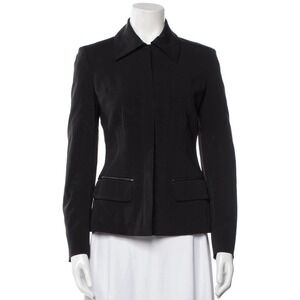 Vintage Prada Leather Trim Womens Black Blazer Jacket Zipper Embellished Sz 46 M